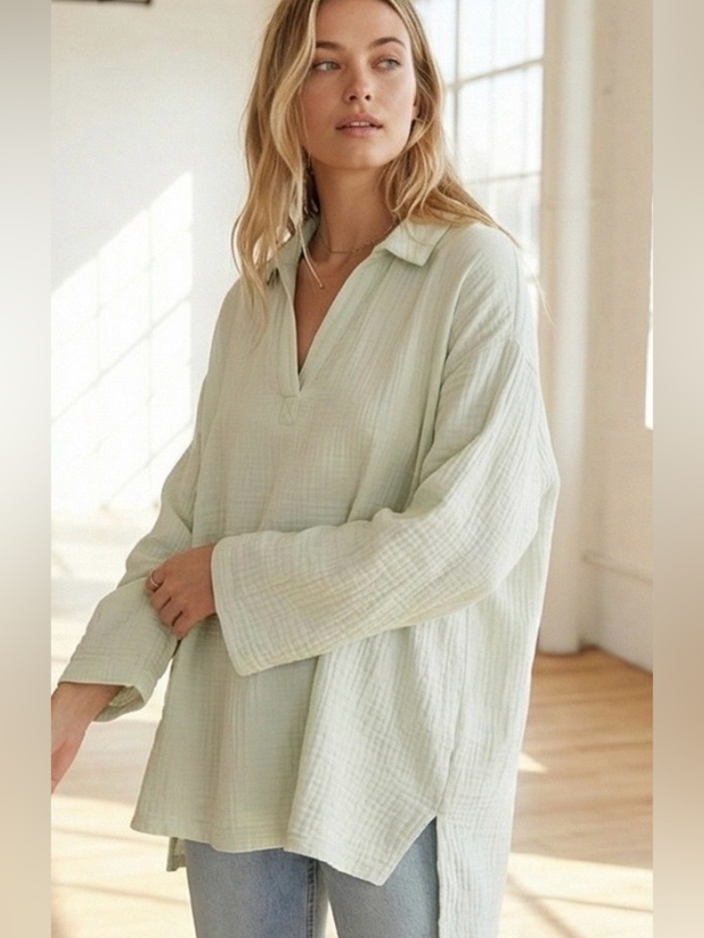 NWT Pure Jill womens Gauze Tunic Top honeydew Organic Cotton Split Neck $79